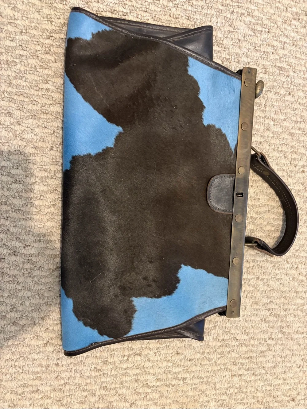 Cowhide Frame Top-Handle Bag in Blue and Black - Picture 5 of 5